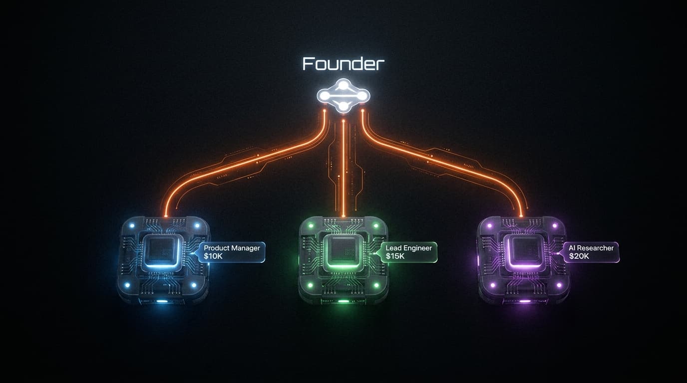 An org chart of AI agents with role titles, reporting lines, and budget caps displayed on a dark background