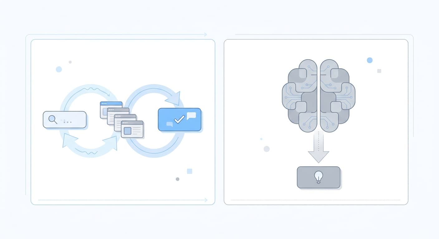 Diagram comparing Perplexity retrieval-first architecture with ChatGPT parametric-first architecture side by side