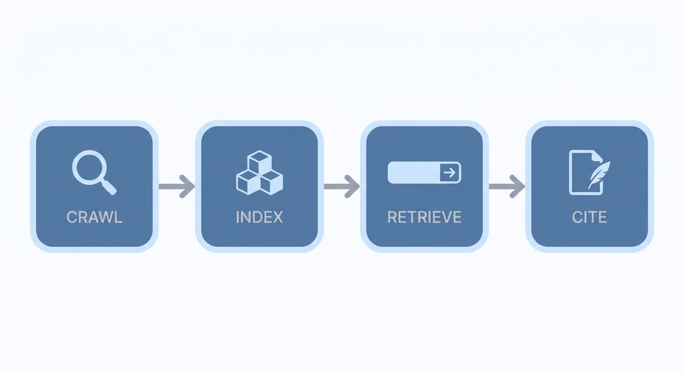 Diagram of the Perplexity RAG citation pipeline showing crawl, index, retrieve, and cite steps in sequence