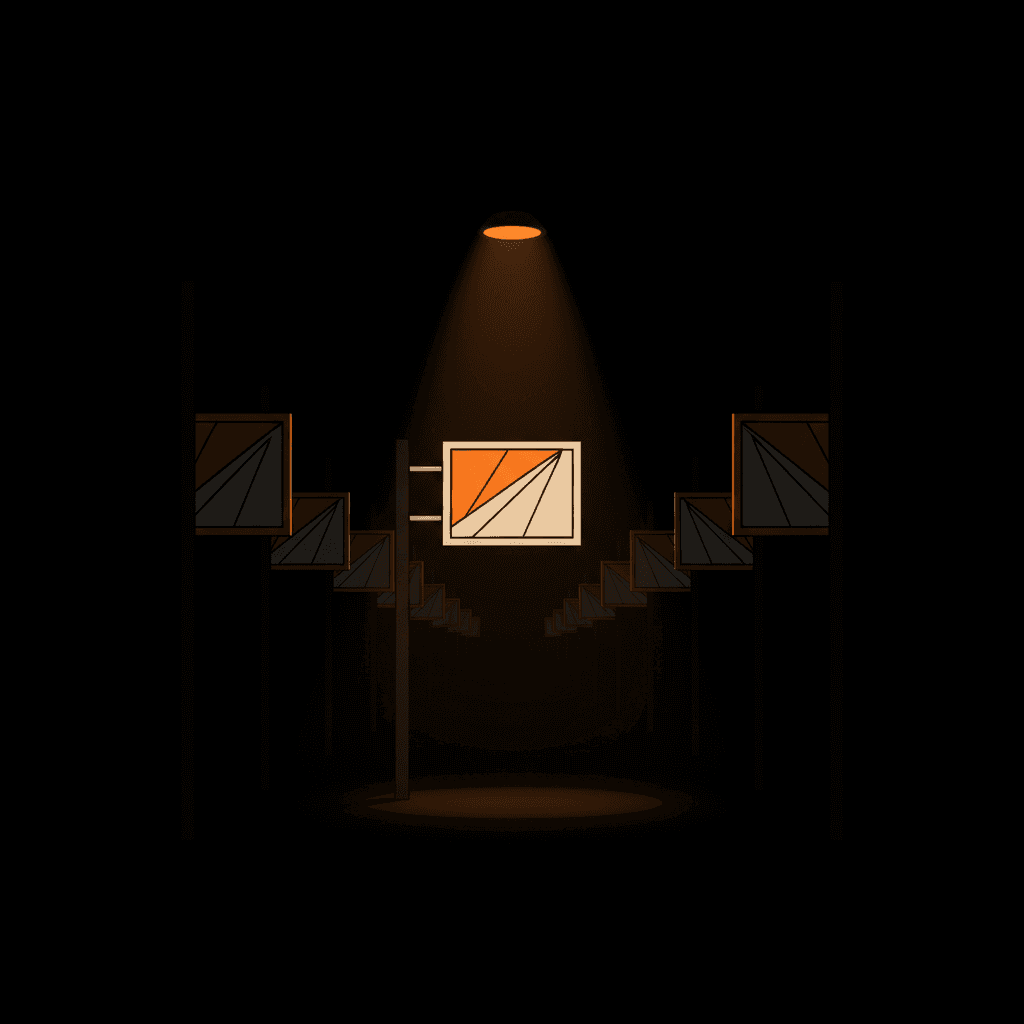 A lone storefront sign lit by a single orange spotlight, identical signs fading into darkness in the distance