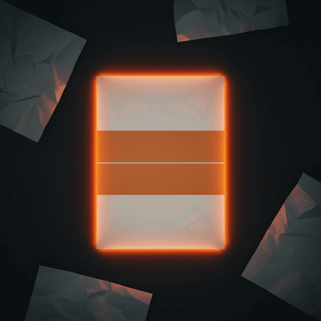 One structured document glowing orange with four labeled sections, surrounded by blank papers in shadow
