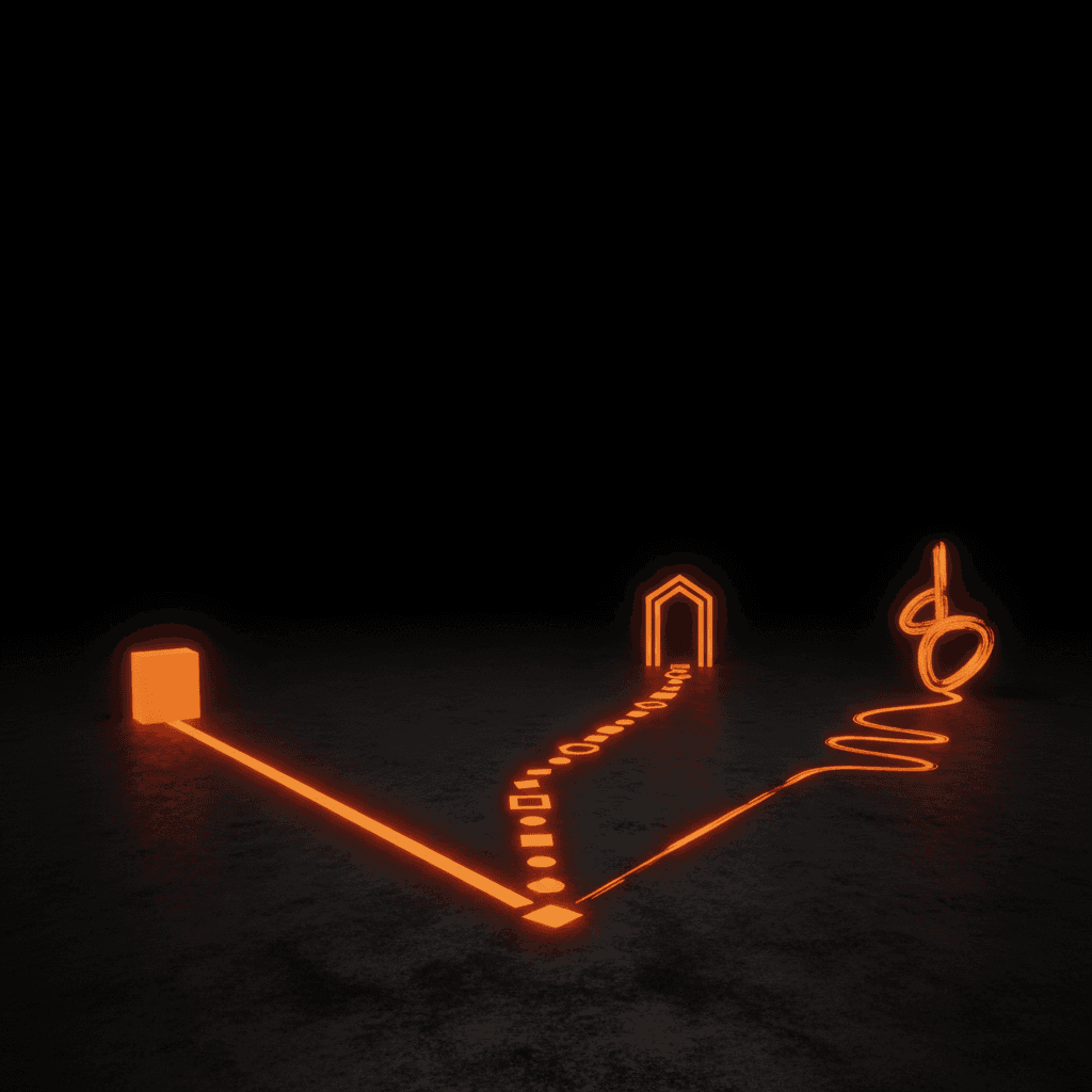 Three diverging paths on dark ground, each lit differently in orange, leading to separate destinations