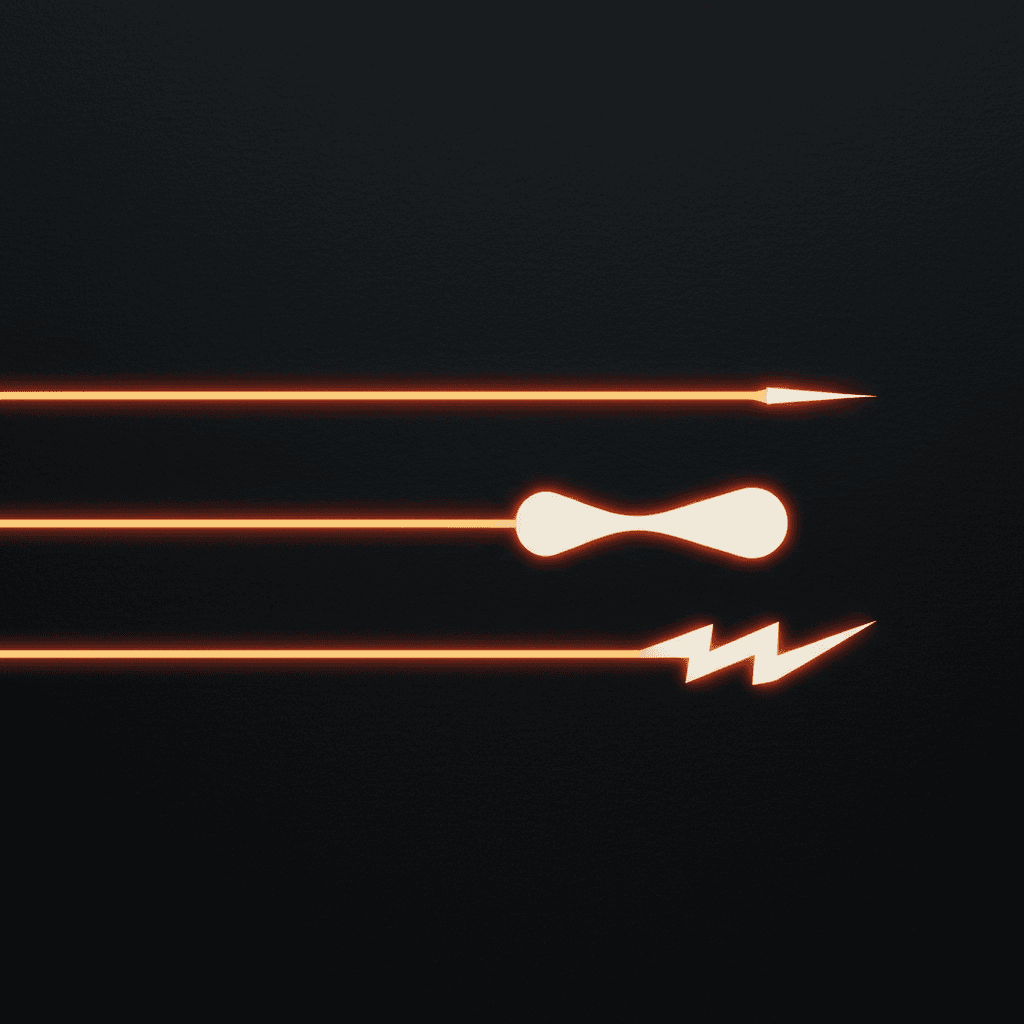Three-row decision table as illuminated orange lines on dark surface, each row branching to a different lit outcome