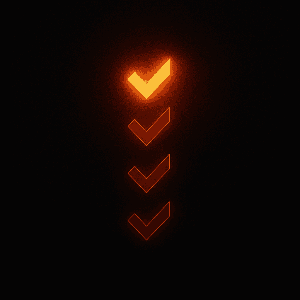Five checkmarks in a vertical column on a dark wall, the top one glowing brightest in orange