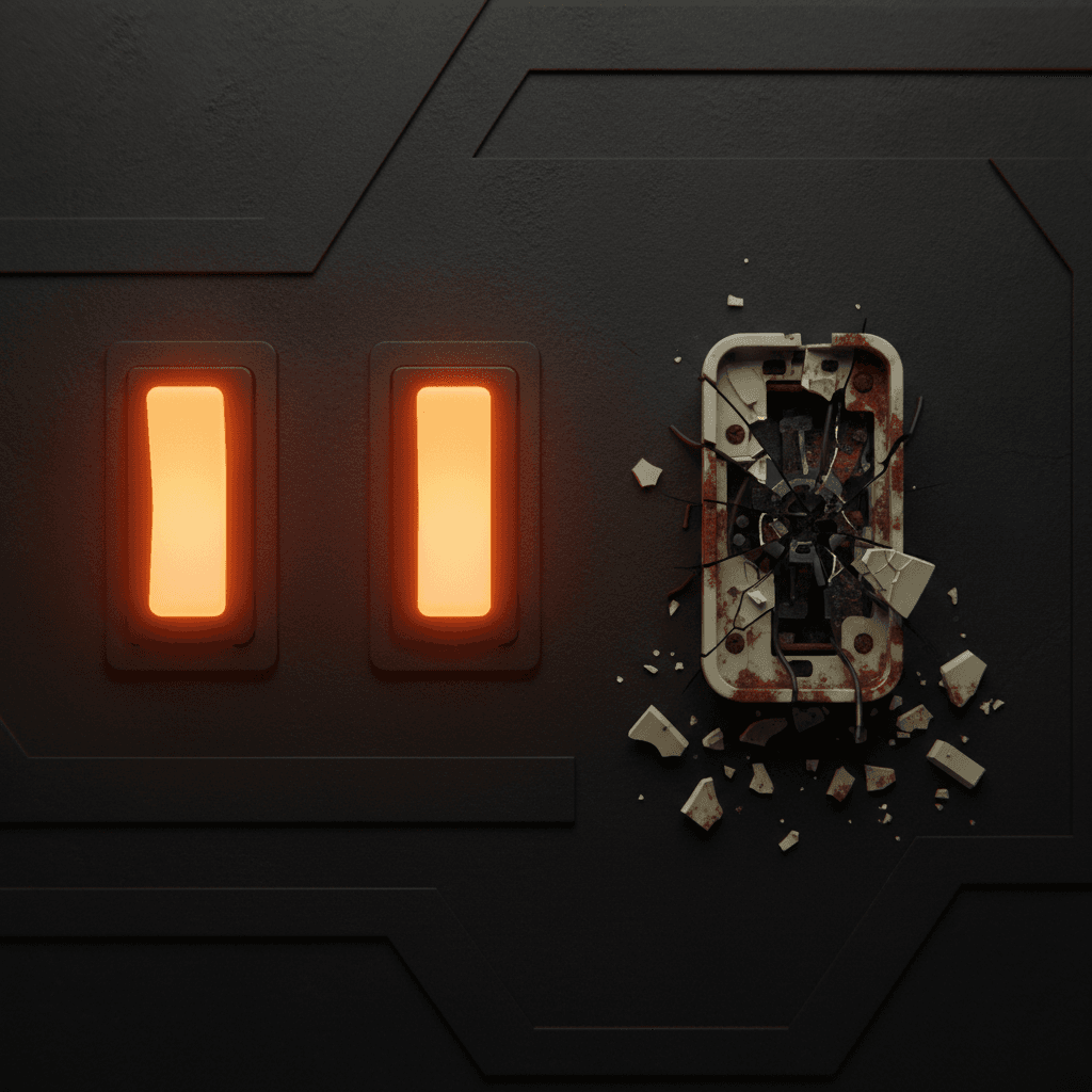 Three illuminated control switches on a near-black panel, two glowing orange and one visibly broken, illustrating Wix AI visibility controls that appear active but fail