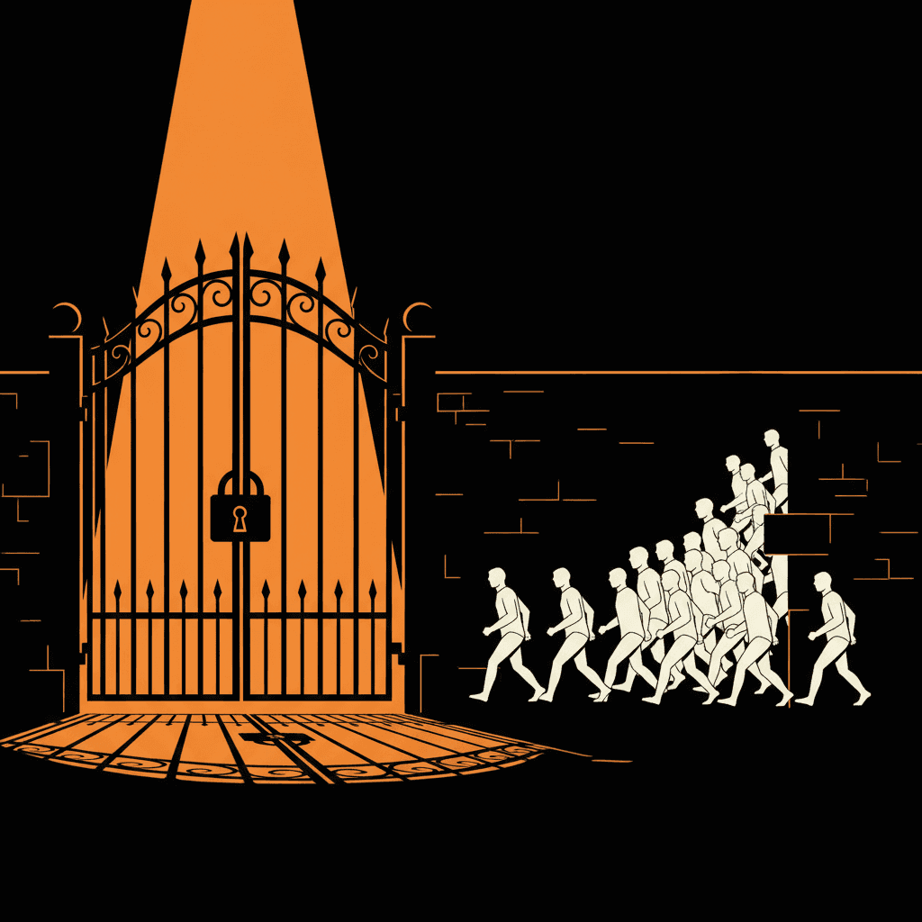 Locked gate with figures passing through an open gap, showing how robots.txt fails to block AI retrieval bots like ClaudeBot and PerplexityBot