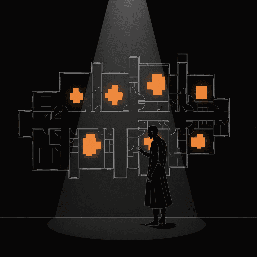 Blueprint diagram with five rooms highlighted in orange and dozens dark, illustrating limited Wix schema generation versus missing content types