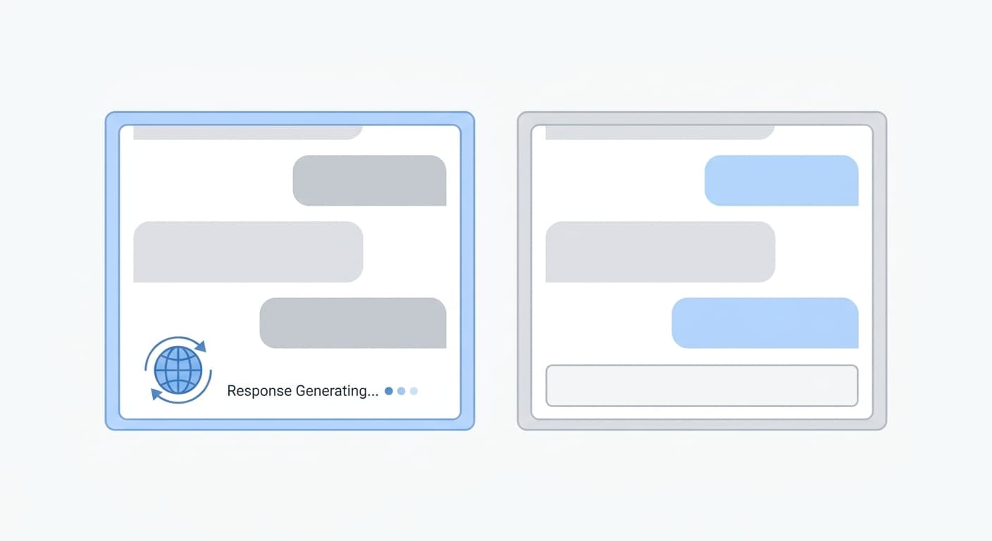 Chat interface showing two states side by side: left with globe icon for live search, right with no icon for parametric mode, flat minimal illustration, muted blue and grey