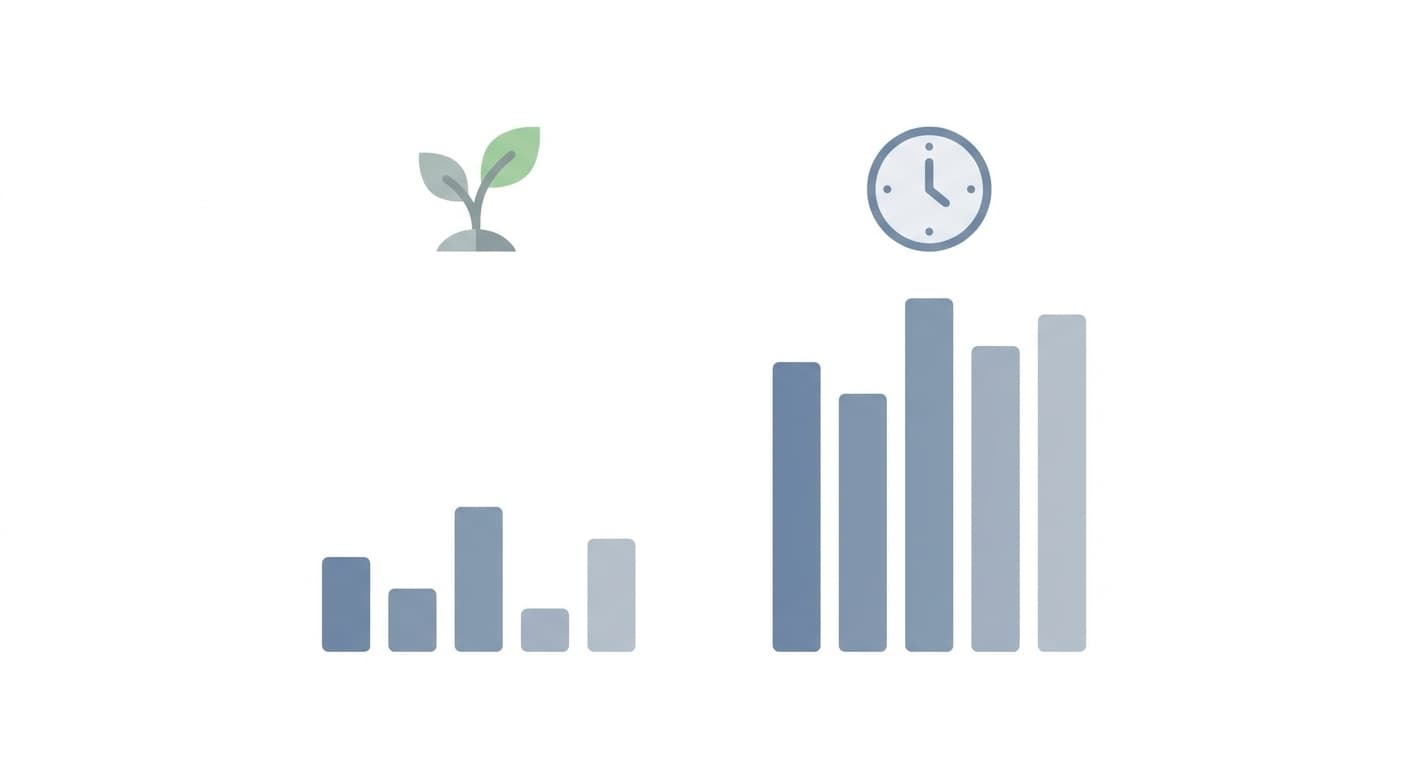 Two columns: New Site with seedling and short bar chart, Established Site with taller bar chart and clock for staleness, flat clean illustration, muted blue and grey