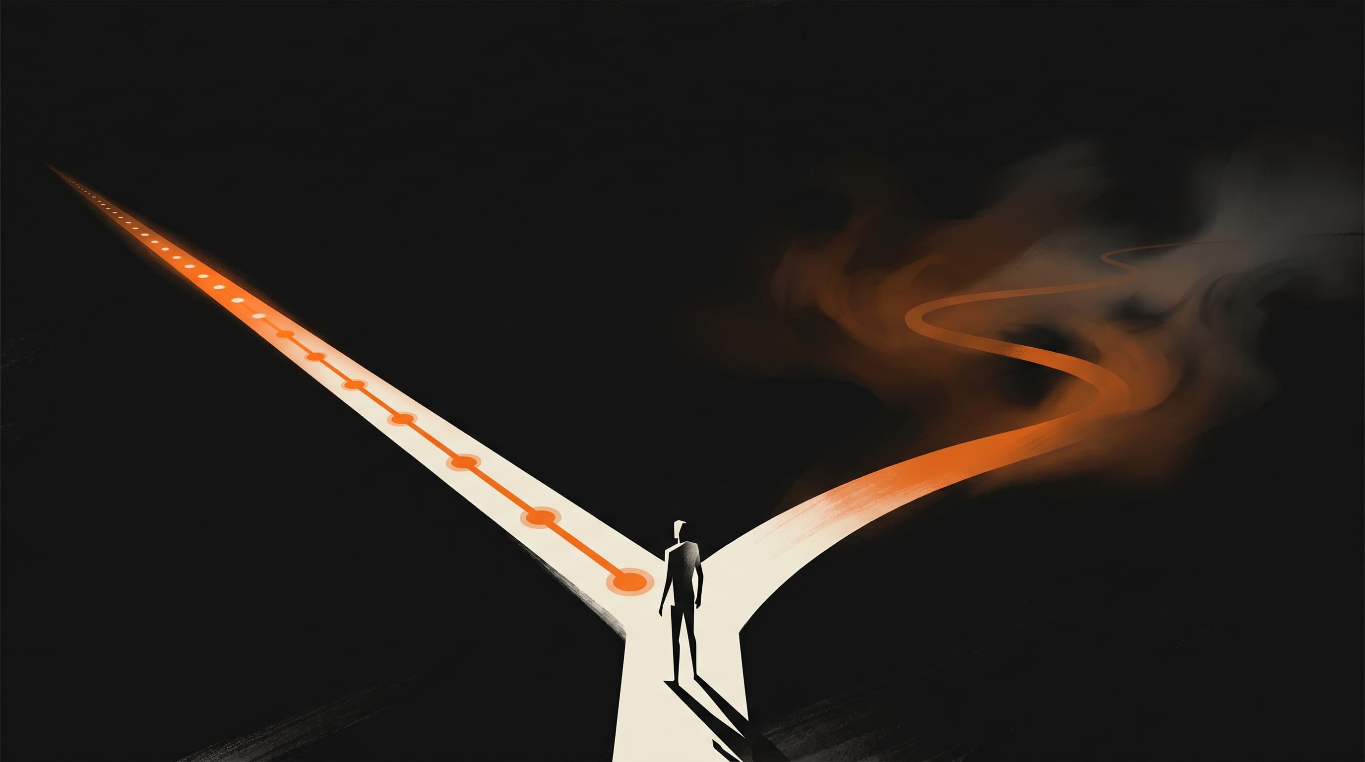 A lone figure standing where a dark path splits. One branch is a straight lit grid with orange waypoints. The other winds into fog. Near-black background with a single orange accent.