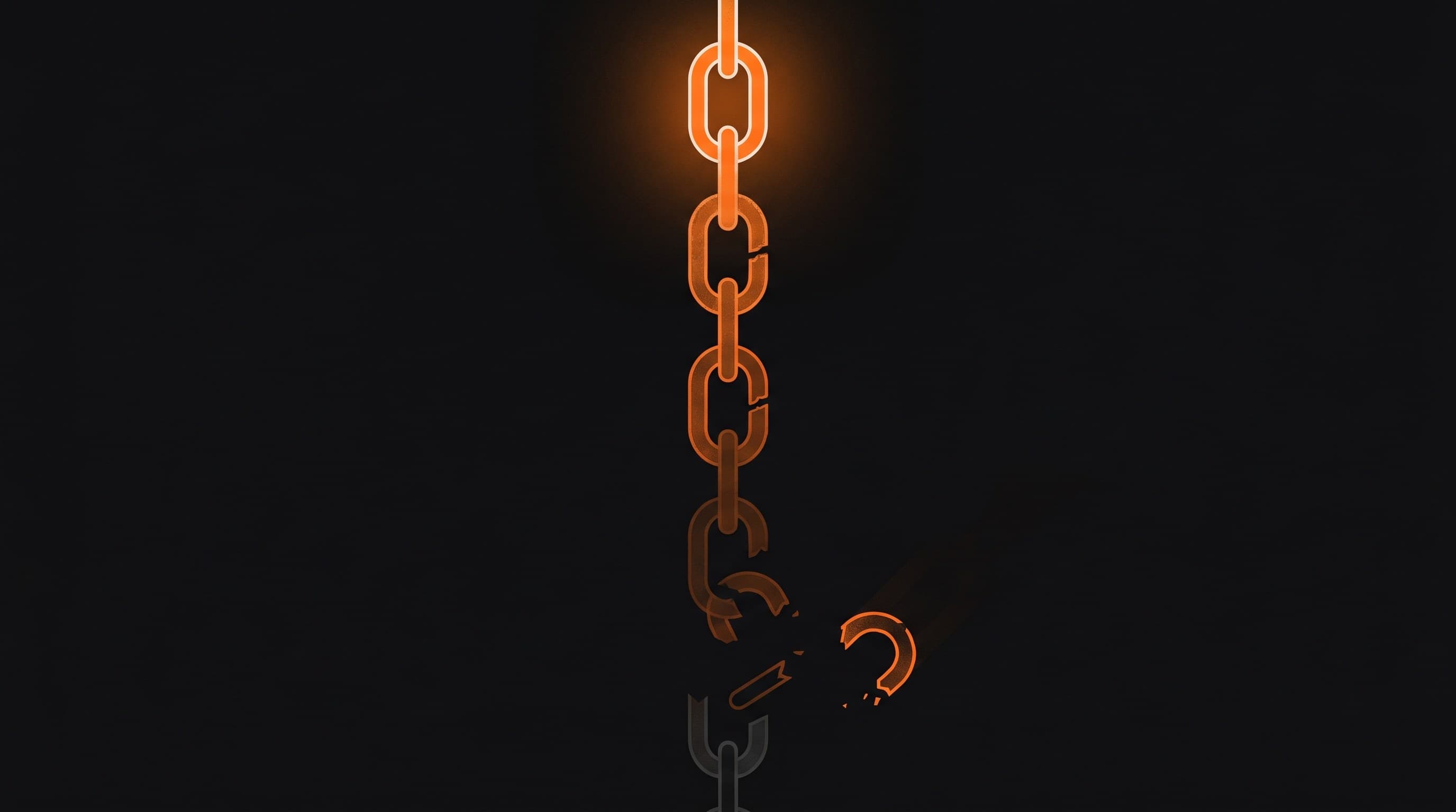 A vertical chain of orange links over a dark void, each link dimmer than the one above, the bottom links faded to near-black and snapping apart.
