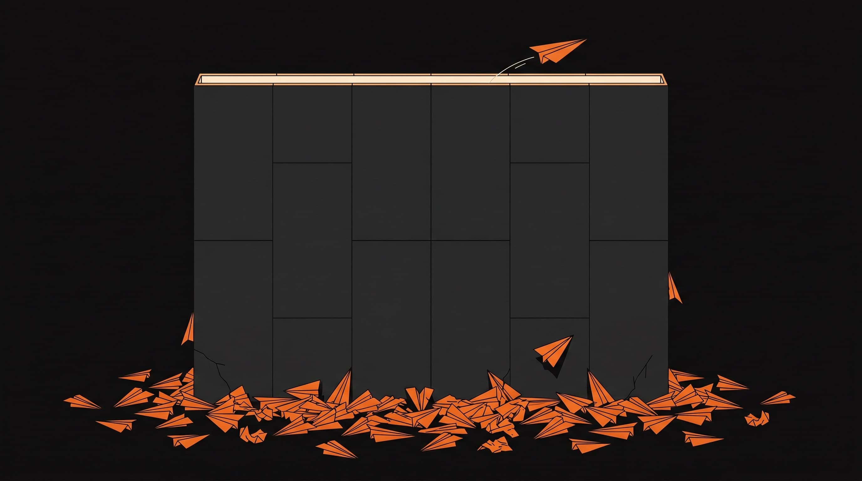 A tall dark wall with many small orange paper planes thrown toward it. Almost all fall short into shadow at the base. One clears the top into a band of light.