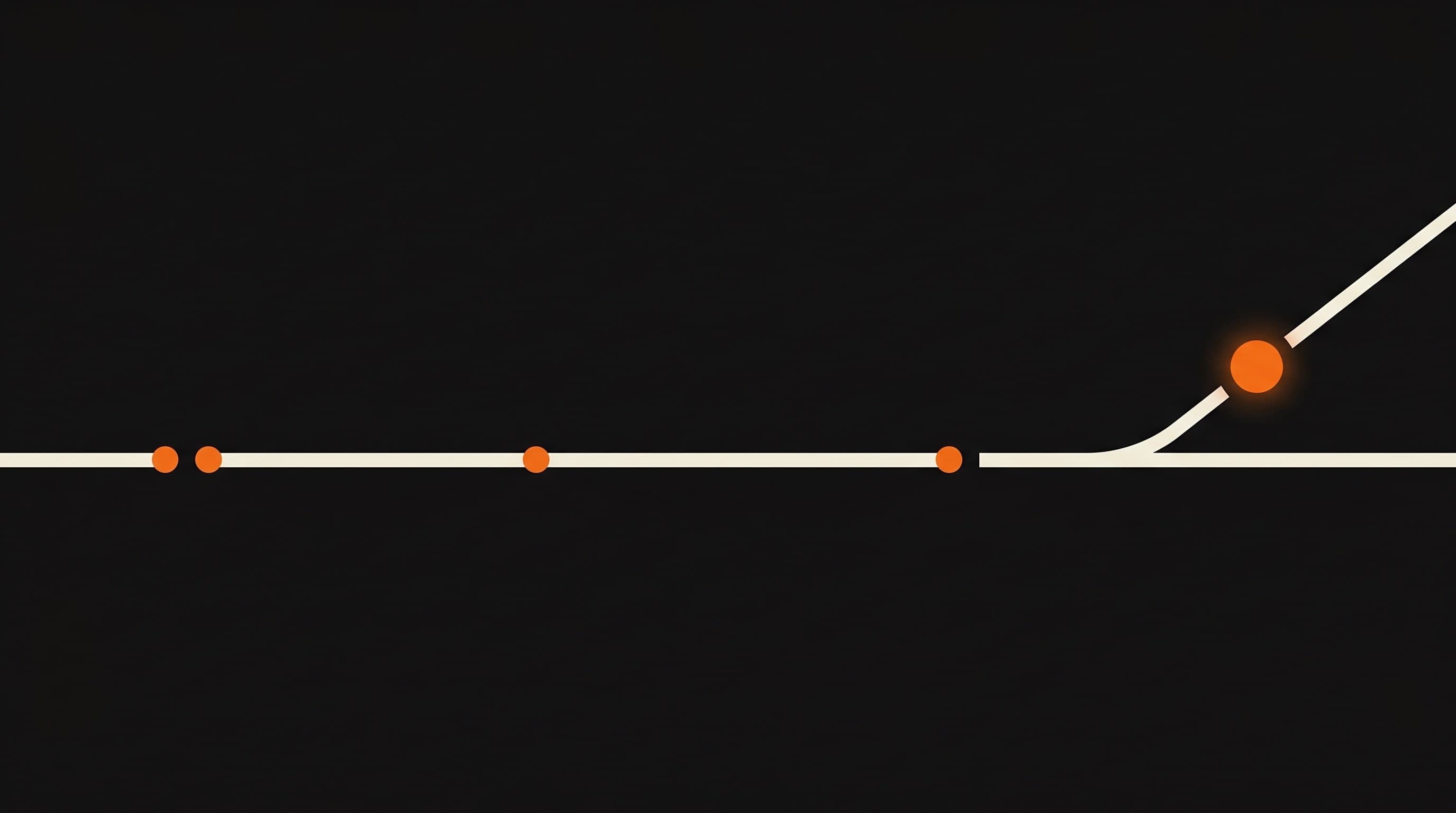 A single straight lit track running across a dark field. Near the far end it sprouts one branching switch marked by an orange signal light, while the main line continues straight.