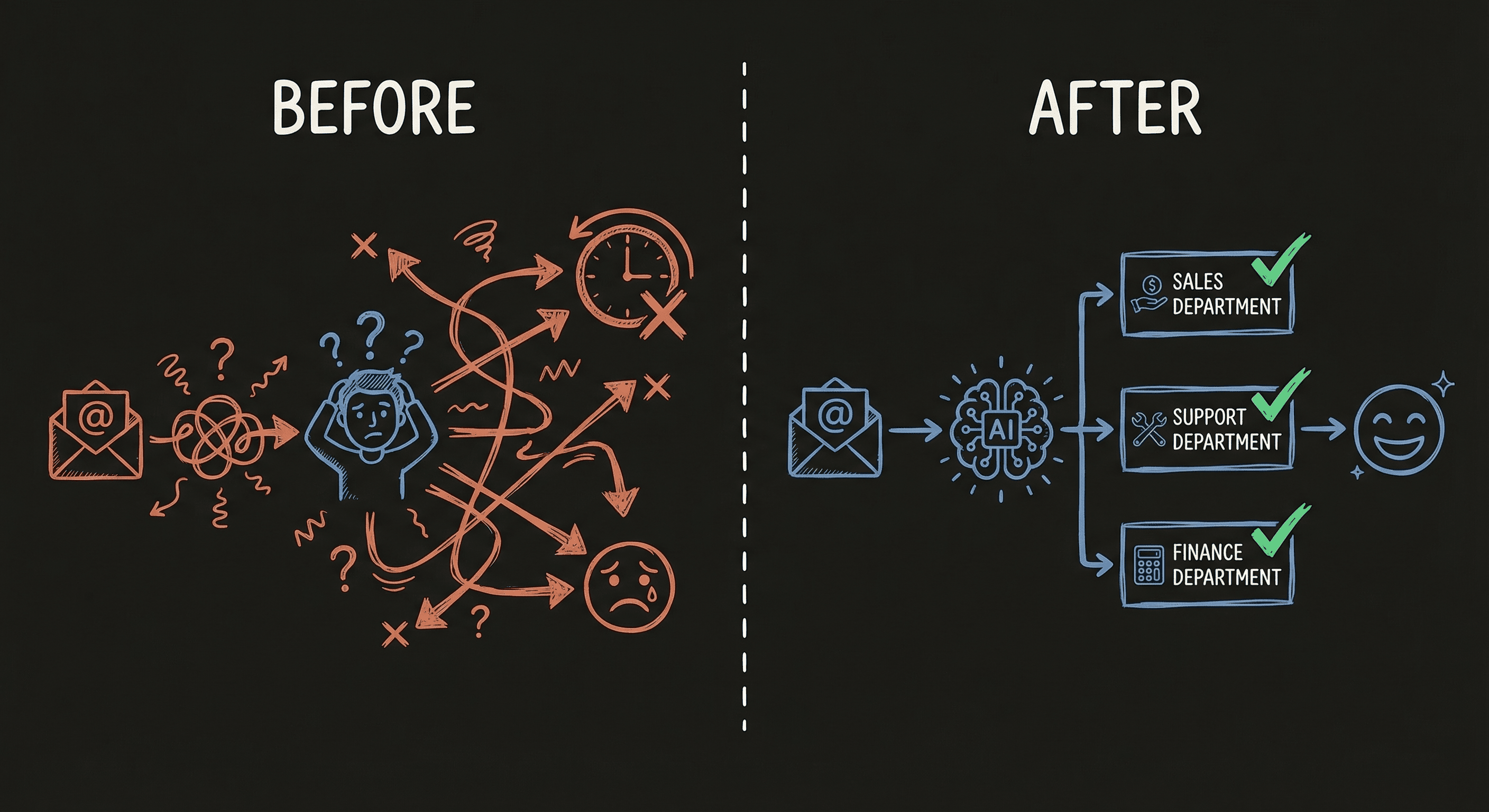 Before and after: manual email forwarding versus AI-powered instant routing