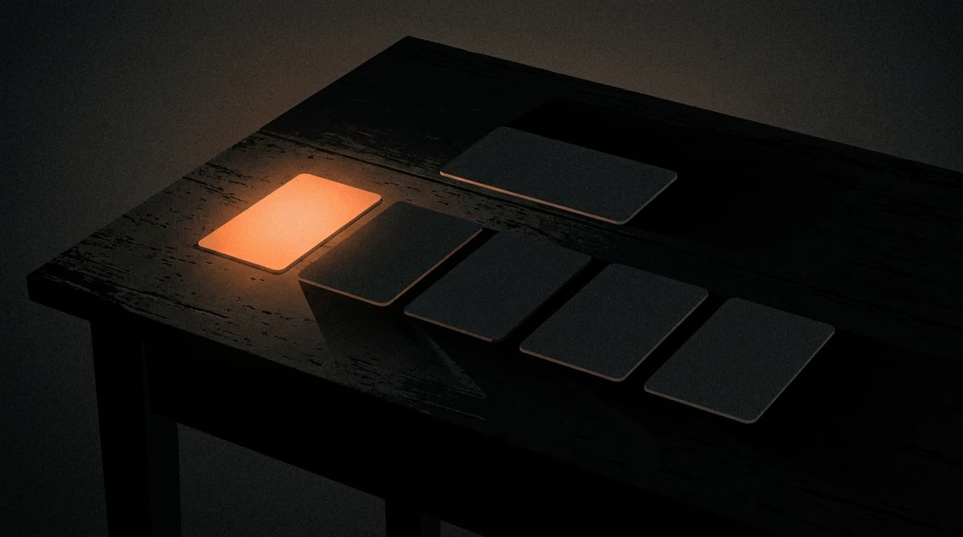 A desk with five glowing subscription cards, four of them dark and unused, one lit. Dark background with an orange accent on the active card.