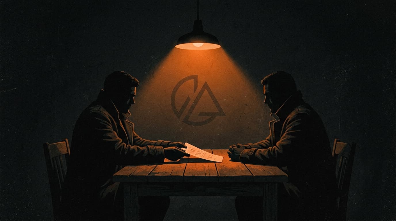 Two figures at a table. One passes a document across. Behind them, a faint vendor logo on the wall. A single orange light source from above.