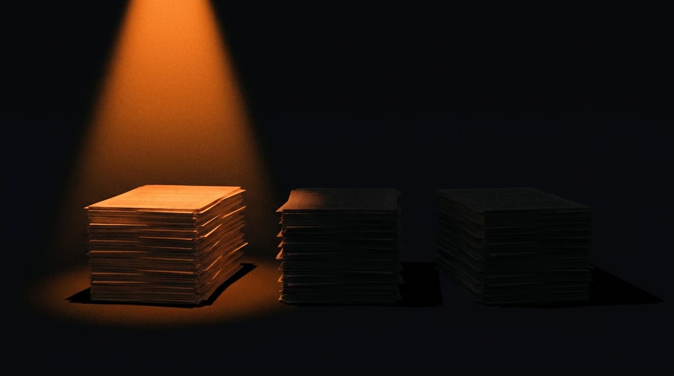 Three document stacks on a dark desk. Orange light marks the first one. The other two wait in shadow.