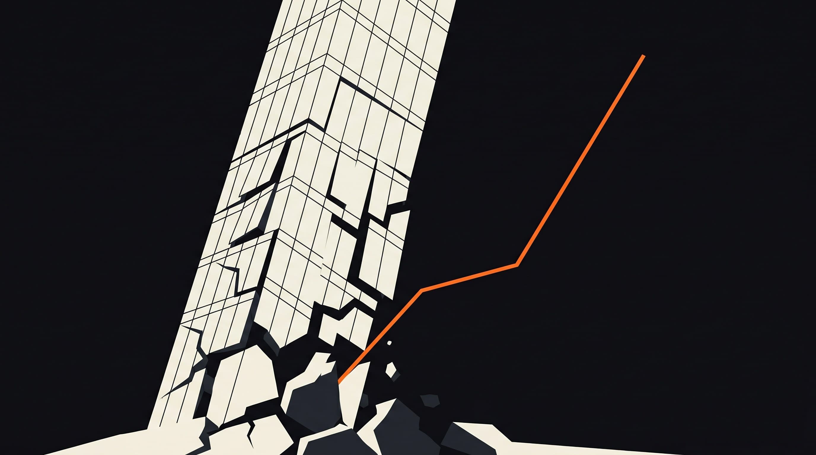 A tall off-white corporate tower fracturing at its base while a single thin orange line climbs upward past it into a near-black sky.