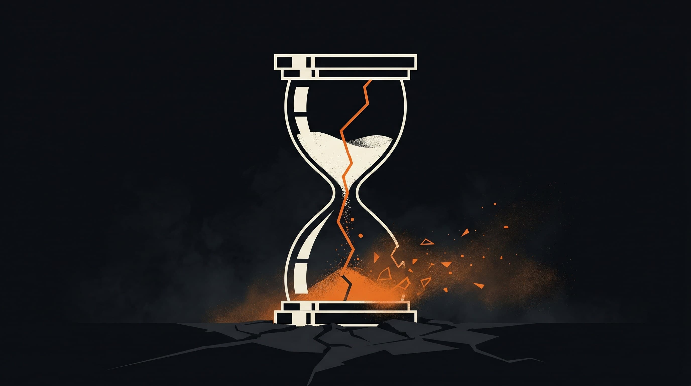 A cracked hourglass on a dark surface, its sand dissolving into drifting orange particles as it drains away.
