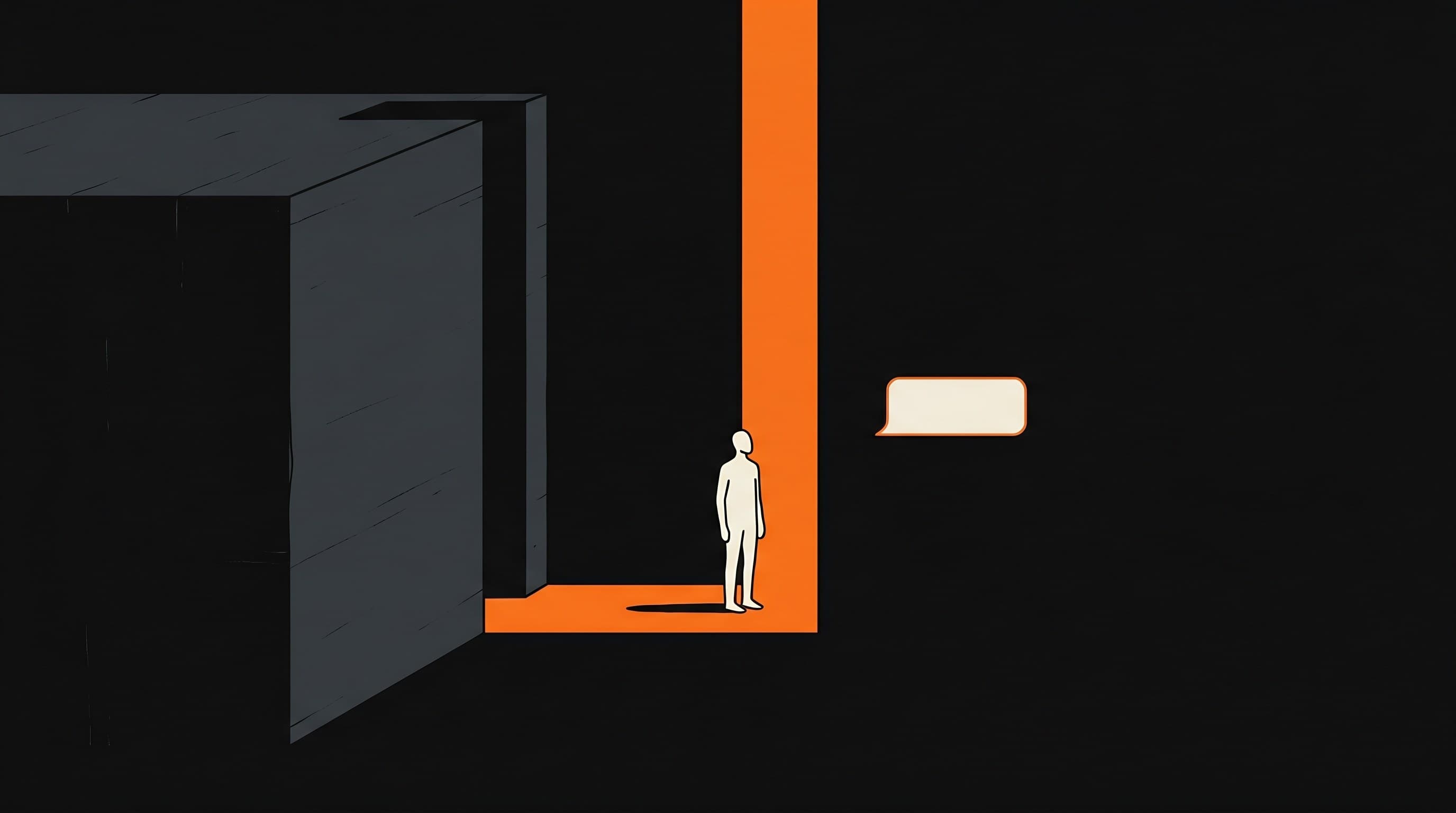 A lone off-white figure standing in a narrow orange-lit gap between a massive monolithic tower on one side and a tiny flat chat box on the other.