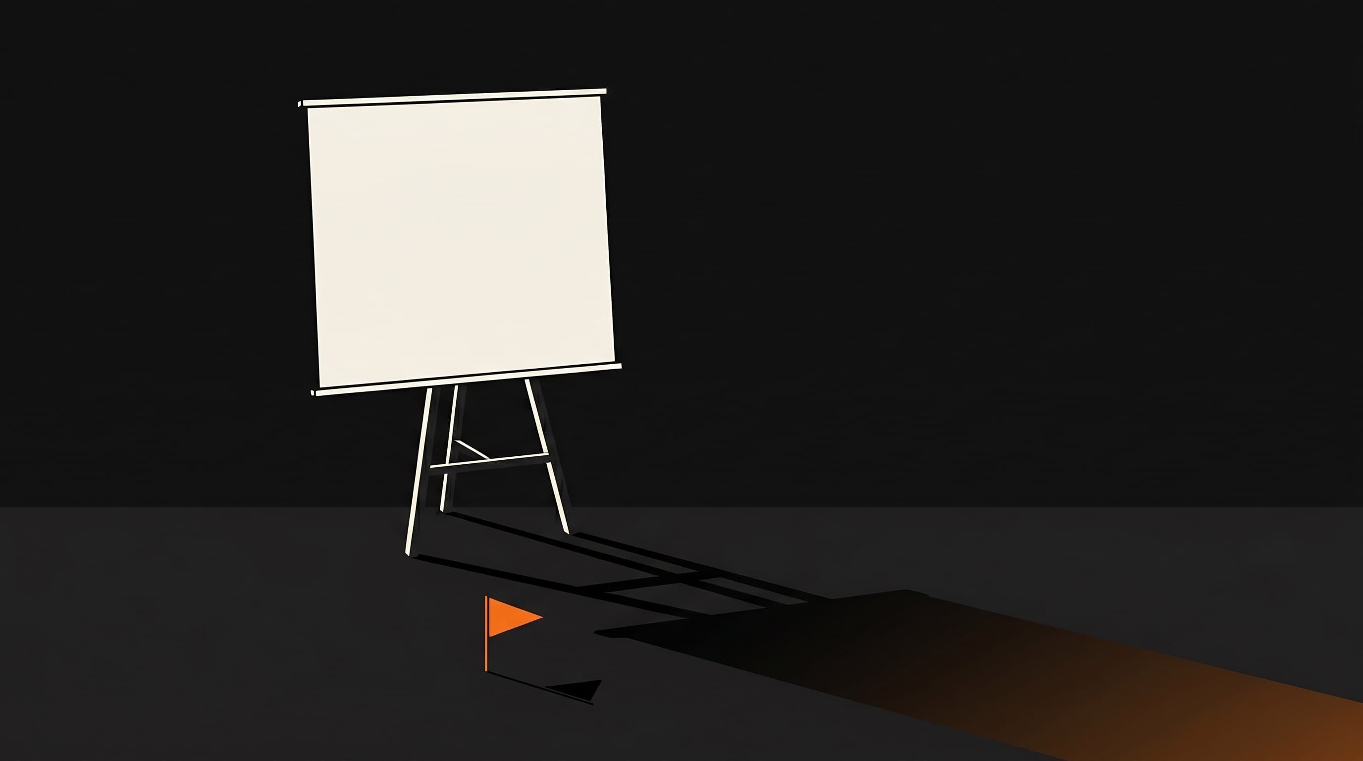 A pristine off-white presentation slide propped on an easel casting a long shadow, with a single small orange warning flag planted on the floor in front of it.