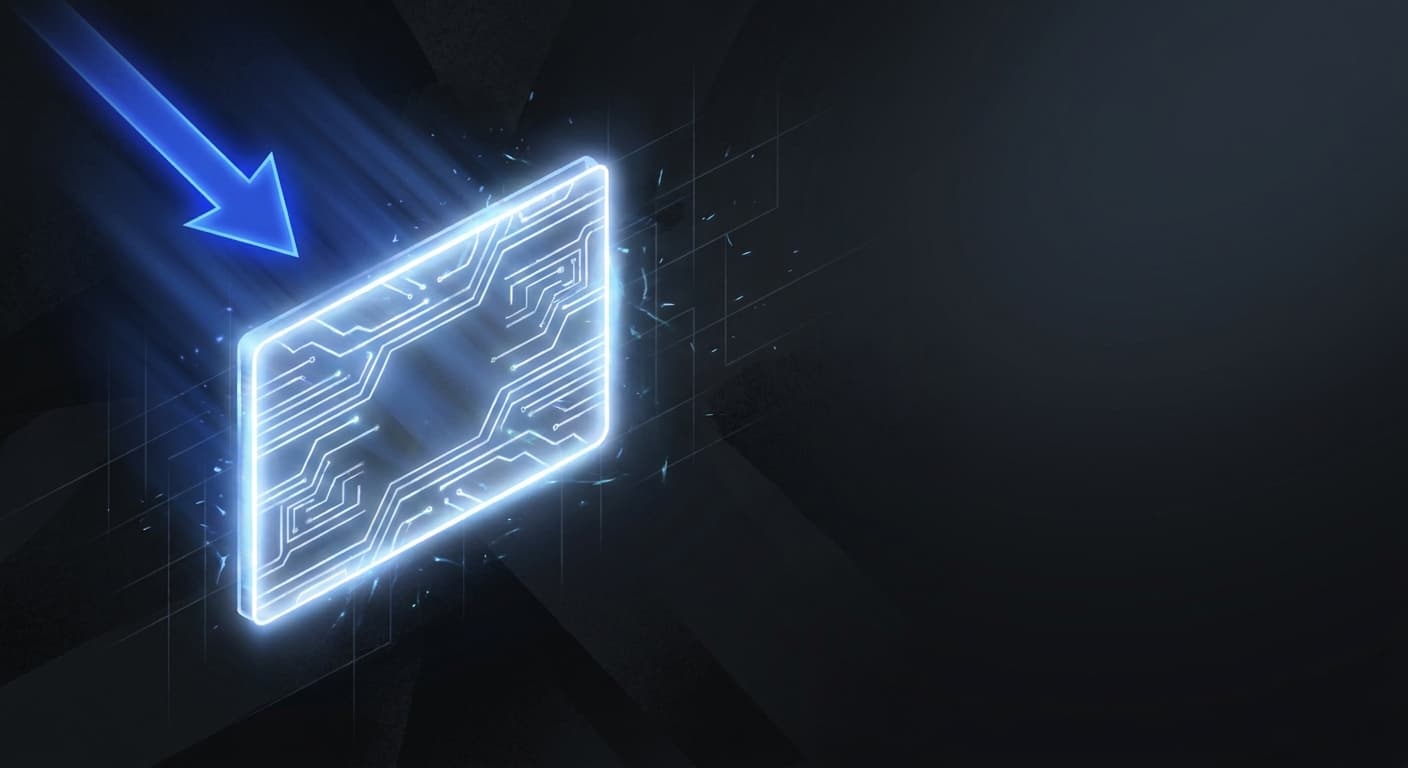 A glowing paragraph block with a bold blue arrow pointing directly at it, isolated on a dark background with negative space