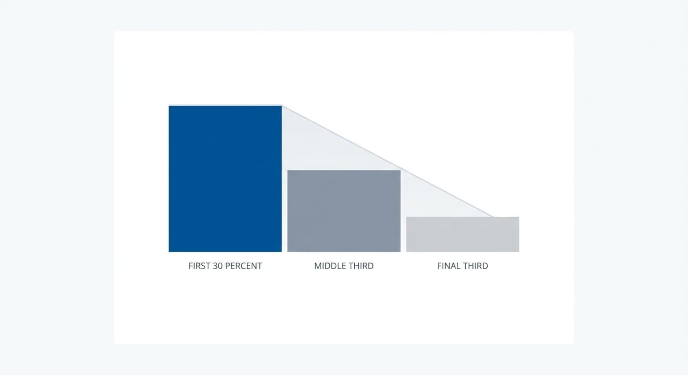 A ski-ramp bar chart showing ChatGPT citation distribution: 44.2% from the first third, 31.1% from the middle, 24.7% from the final third