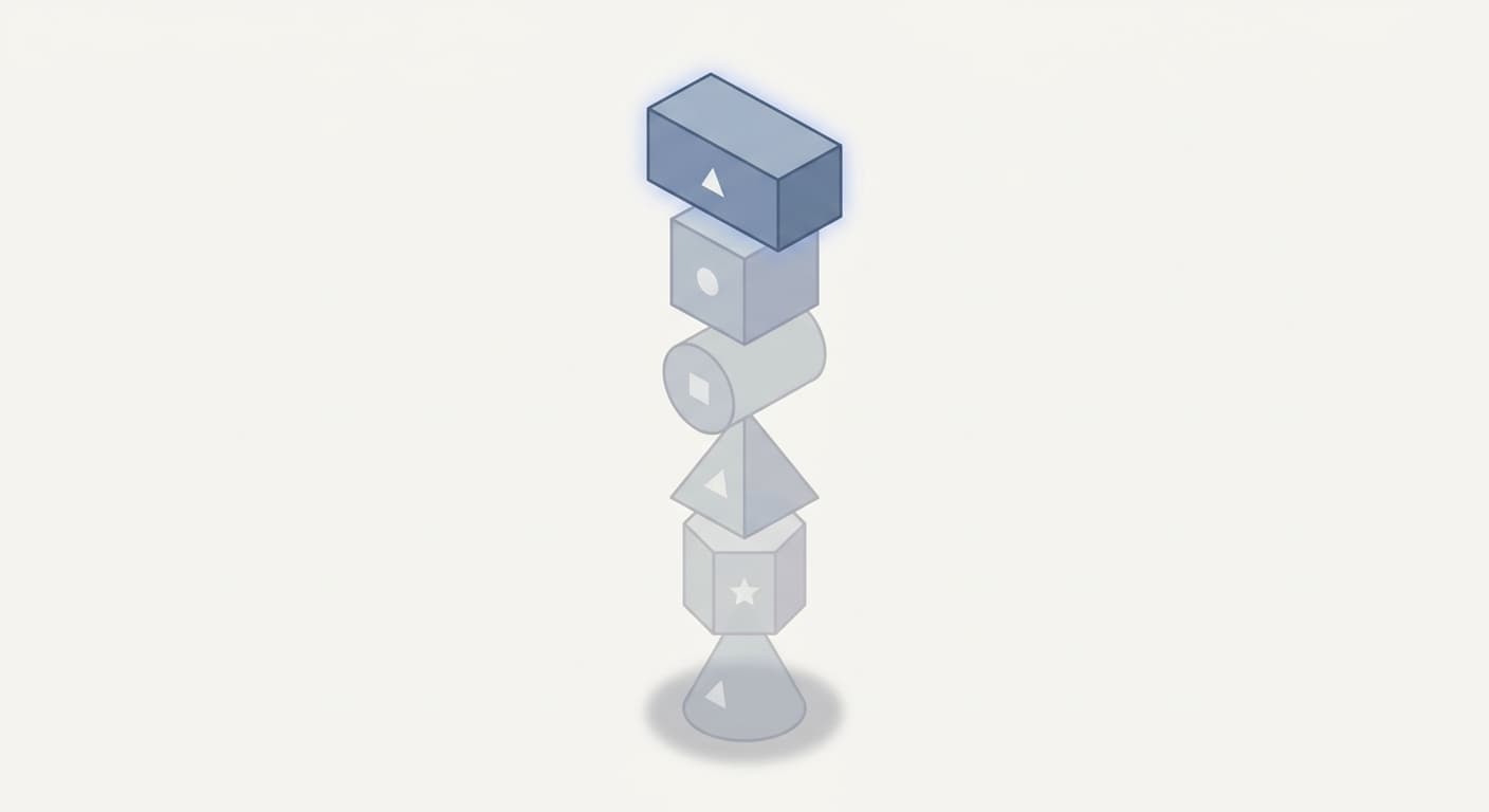 Six stacked blocks representing answer capsule components: direct answer, supporting stat, example, no links, no jargon, active voice