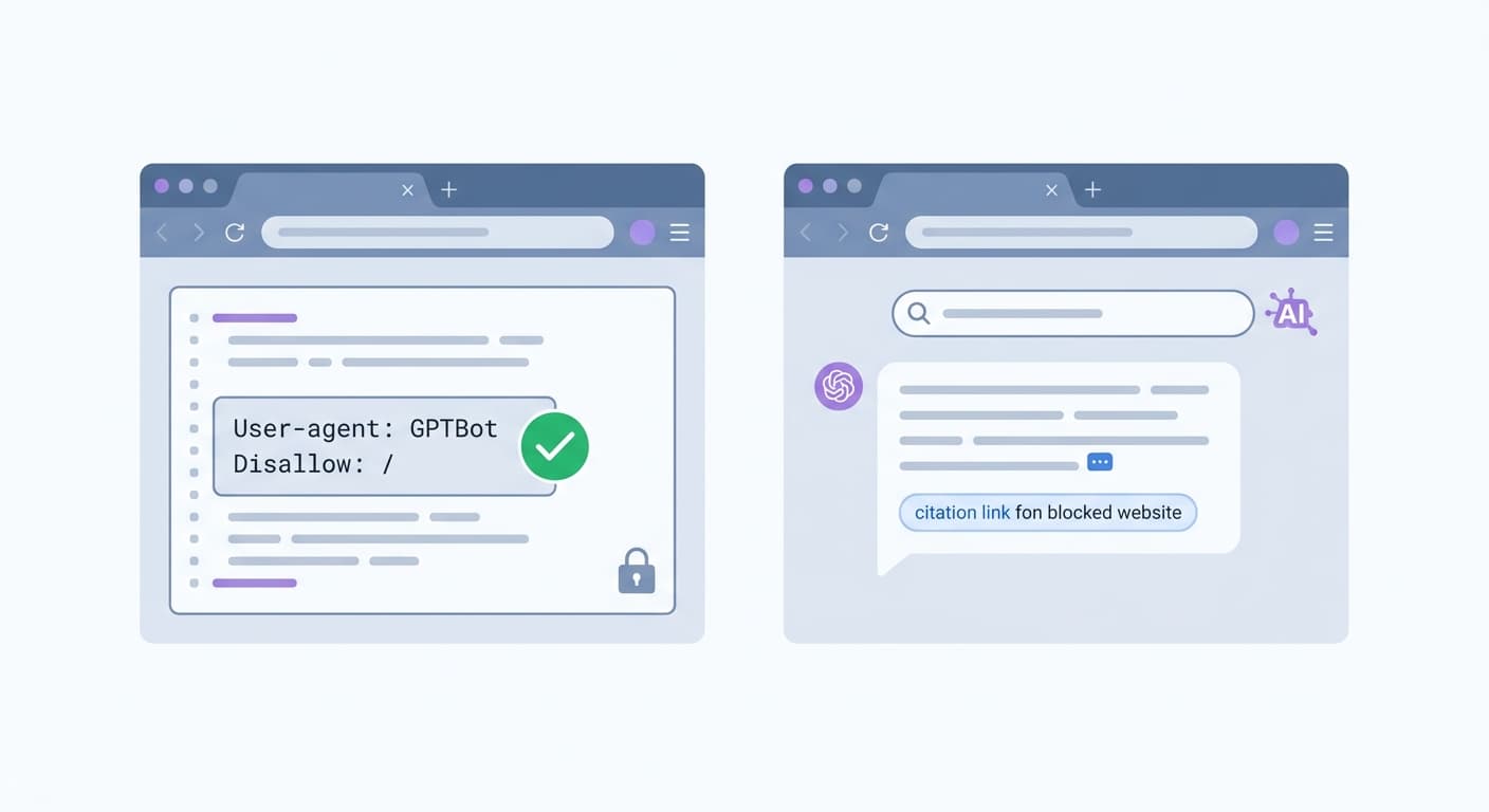 Two-panel comparison showing a site blocked for GPTBot on the left with a checkmark, and a ChatGPT search citation for that same site on the right showing GPTBot block had no effect on search results