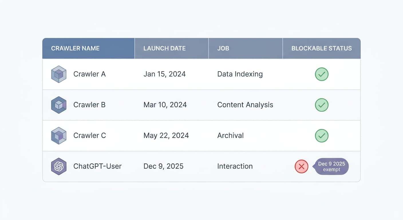 Table of four OpenAI crawlers showing their roles and whether each can be blocked in robots.txt