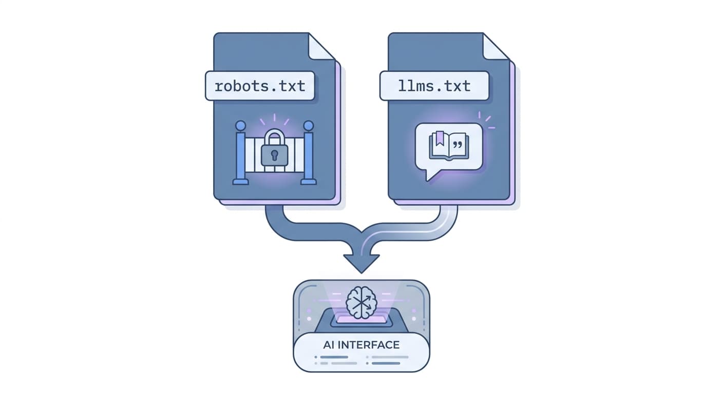 Side-by-side diagram of robots.txt (crawl gate) and llms.txt (citation signal) working together to control AI visibility