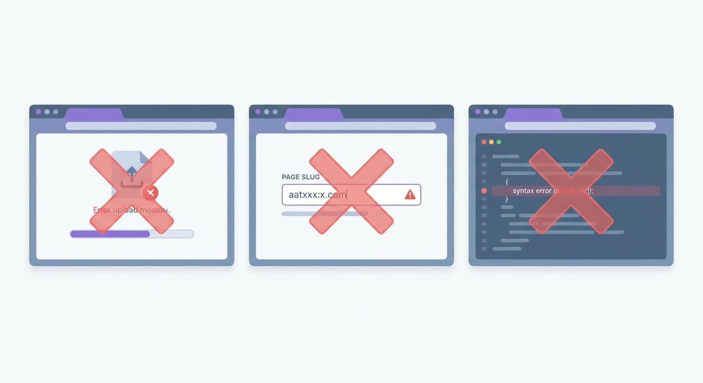 Three side-by-side panels each showing a different failed Wix workaround attempt with a red X icon over each panel