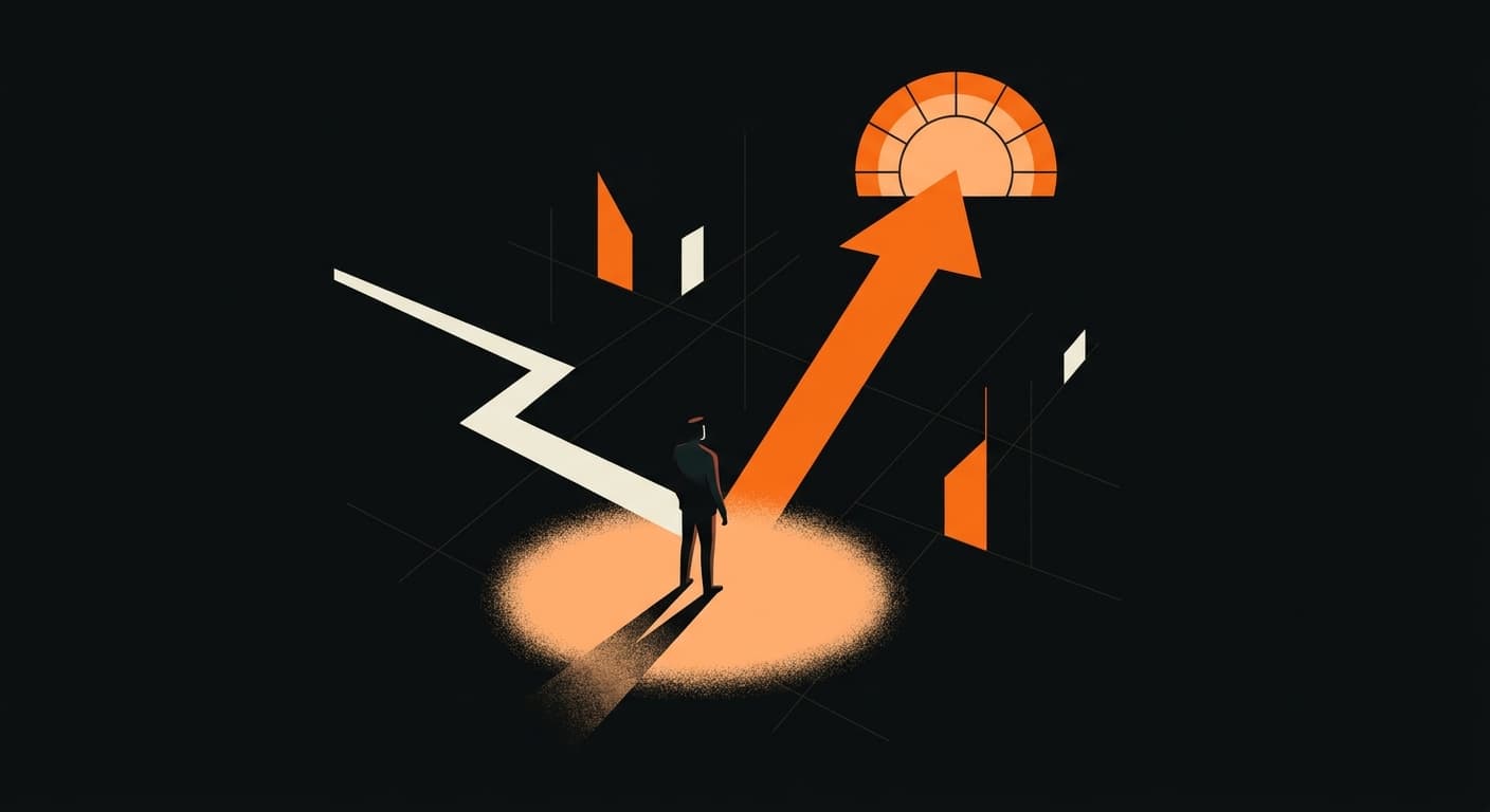 Professional in a dark office staring at a declining graph on a monitor, one small orange competitor window glowing in the distance