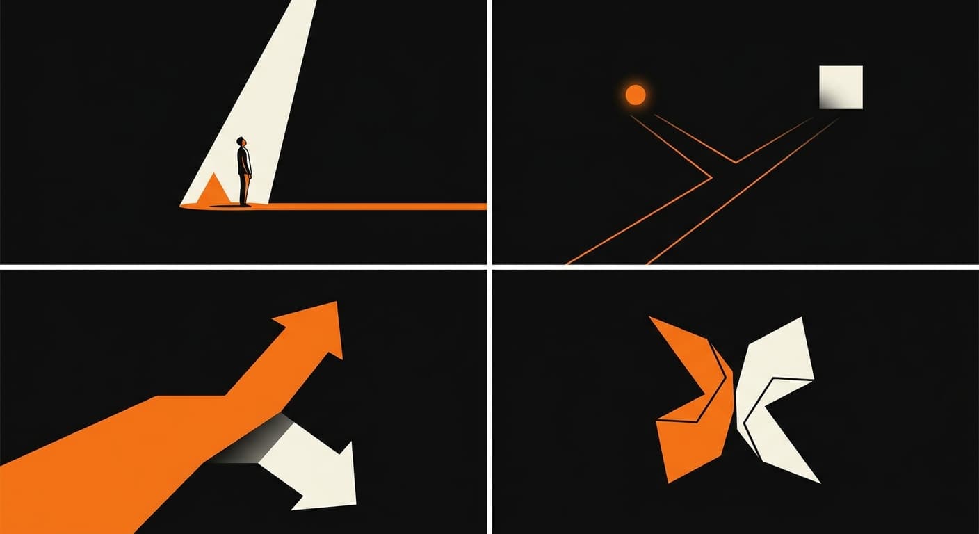 Three geometric workflow lanes on a dark background, orange lines showing automated paths for intake, follow-up, and reporting, one lane with a slower manual figure