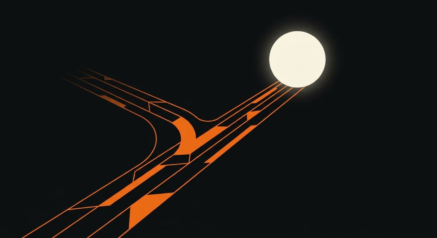 Clean three-step ascending platforms on dark background, each with a single icon: checklist, robot figure, signal tower, with orange accents marking progress