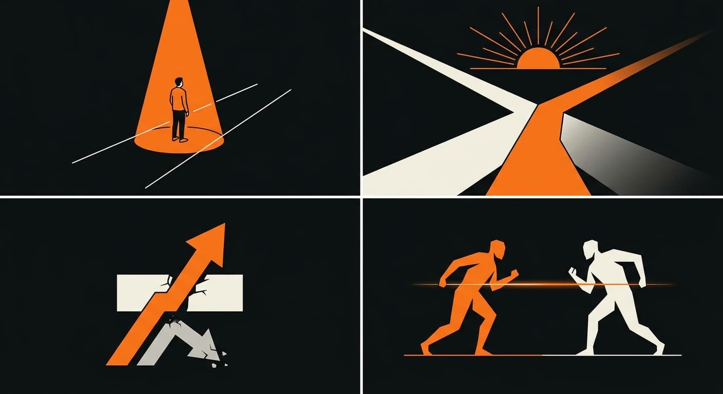 Two silhouettes on dark background, one moving forward on an orange-lit path, one standing still in shadow watching the other disappear toward an orange horizon