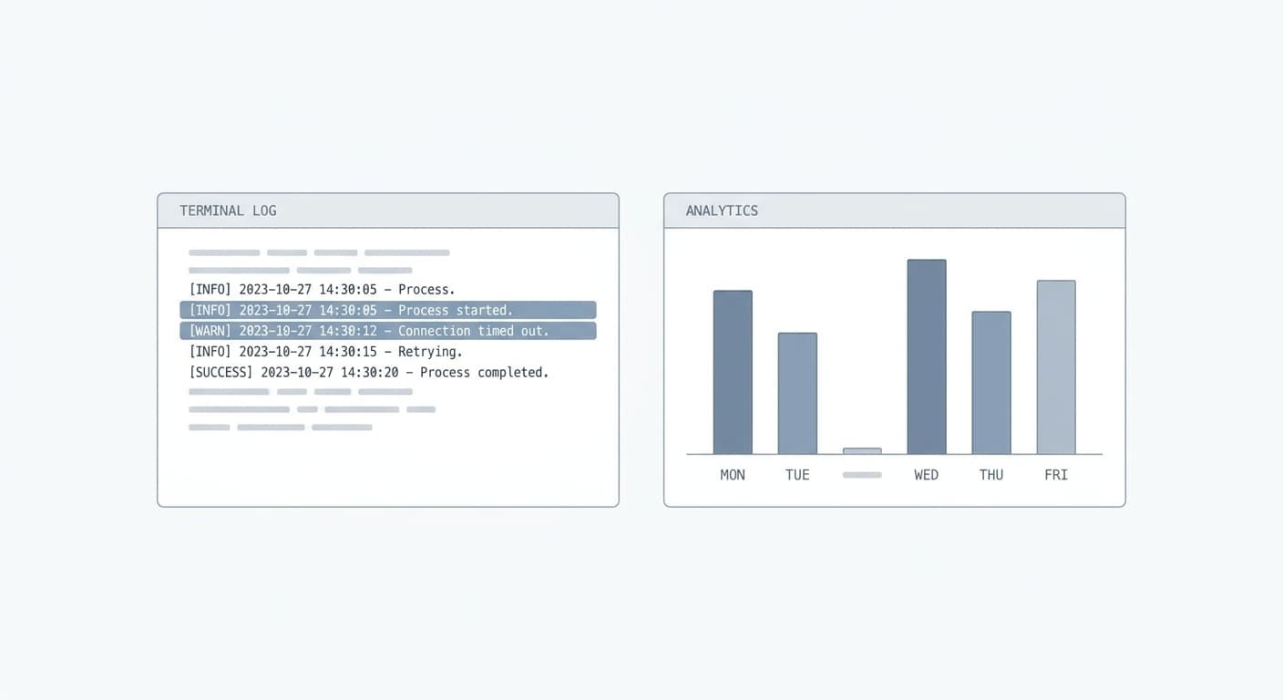 Side-by-side illustration of a server access log with a highlighted ChatGPT-User entry beside a GA4 bar chart showing a gap between crawler hits and recorded sessions