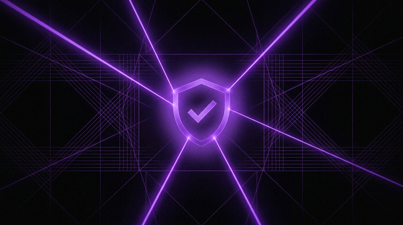 Editorial check: purple laser grid converging on a glowing shield